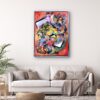 Geometric abstract art piece by Selda Bergman with layered structural patterns and sharp linear elements on the wall