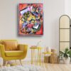 Geometric abstract art piece by Selda Bergman with layered structural patterns and multi‑level abstract form with yellow couch