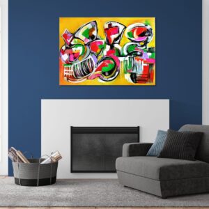 Geometric abstract art piece by Selda Bergman in a balanced geometric composition on the wall