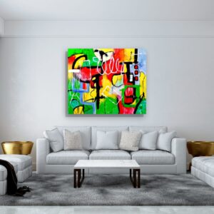 Geometric abstract art piece by Selda Bergman on the wall