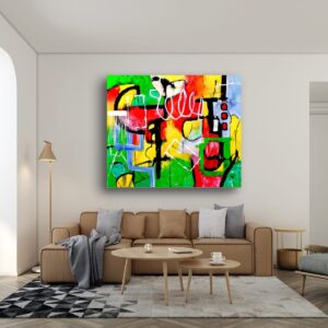 Geometric abstract art piece by Selda Bergman on the gray wall