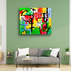 Geometric abstract art piece by Selda Bergman on the green wall