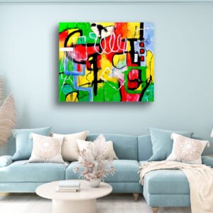 Geometric abstract art piece by Selda Bergman on blue wall