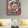 Geometric abstract art piece by Selda Bergman with layered structural patterns and sharp linear elements on the wall
