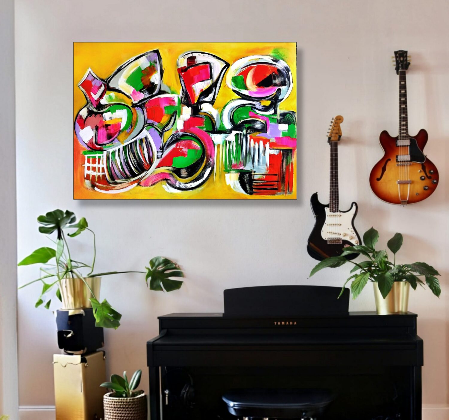 Geometric abstract art piece by Selda Bergman in a balanced geometric composition in the room