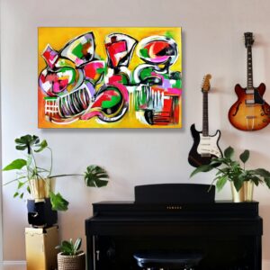 Geometric abstract art piece by Selda Bergman in a balanced geometric composition in the room