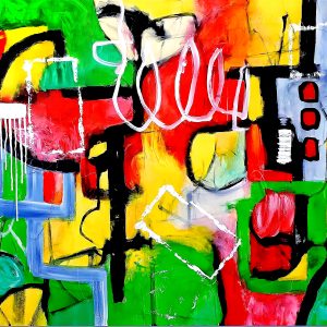 Abstract blue,green and red brush strokes forming a wave-like pattern by Selda Bergman