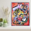 Geometric abstract art piece by Selda Bergman with layered structural patterns and sharp linear elements with details