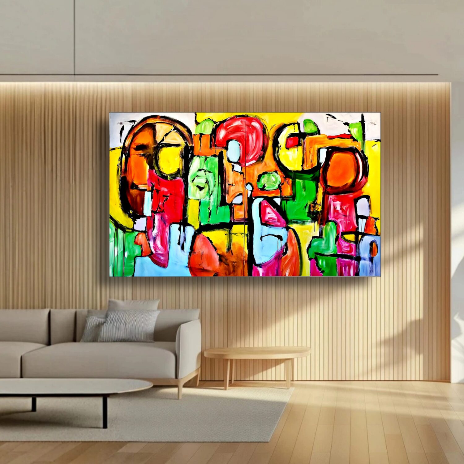 Geometric abstract art piece by Selda Bergman with layered structural patterns and contrasting color blocks