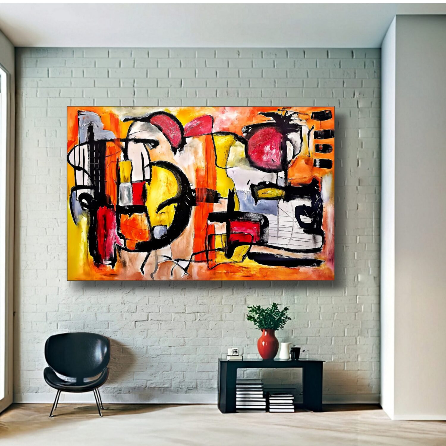 Large contemporary abstract wall art by Selda Bergman on the grey wall