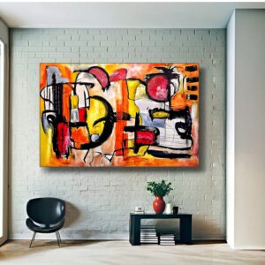 Large contemporary abstract wall art by Selda Bergman on the grey wall